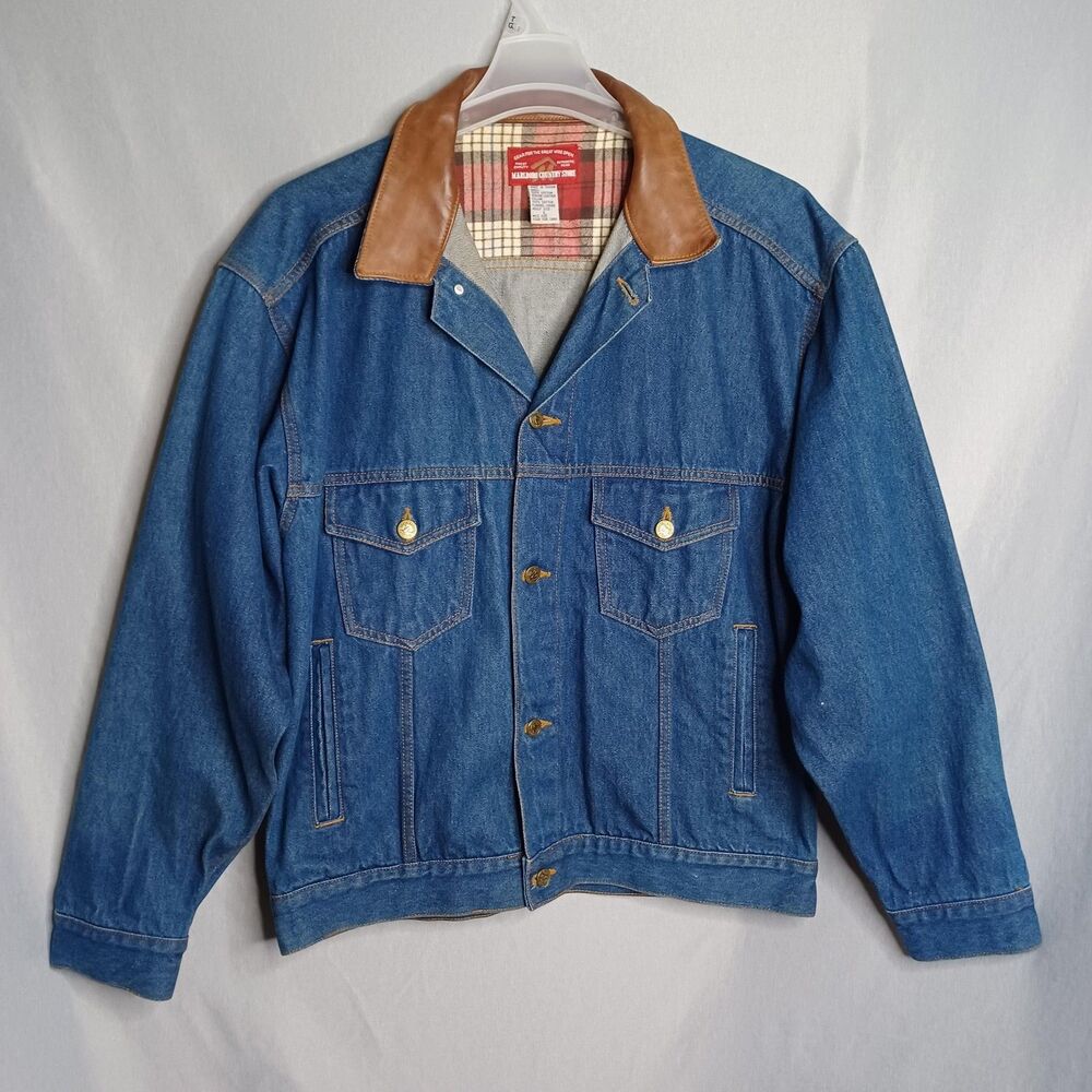 Vintage Marlboro Country Store Jacket Mens Large Denim Leather Collar Western
